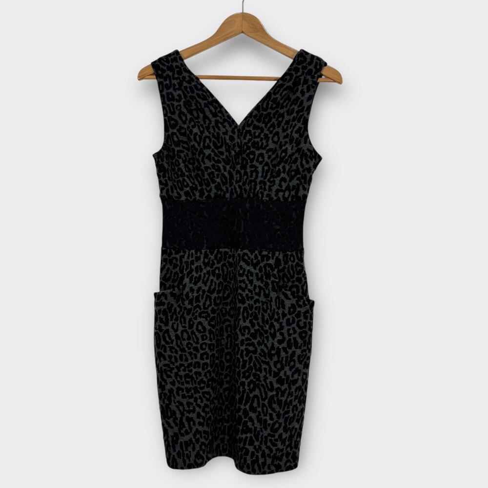 Weston Wear Women’s Size Small Black Gray Leopard Print Lace Waist Sheath Dress